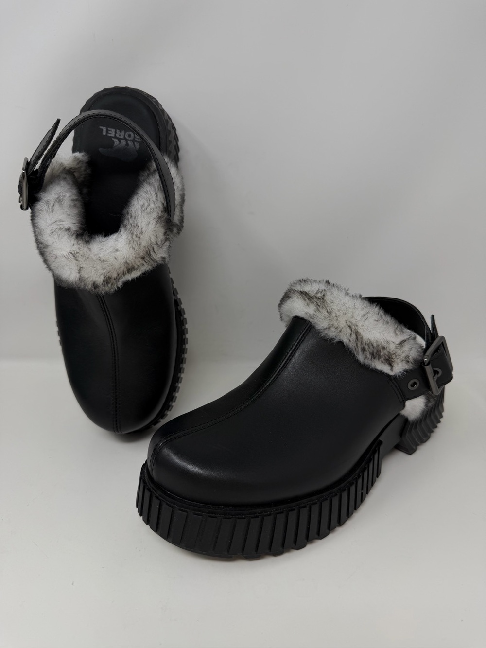 Sorel Ona Ave Mules Faux Fur Trim Leather Black Size 7